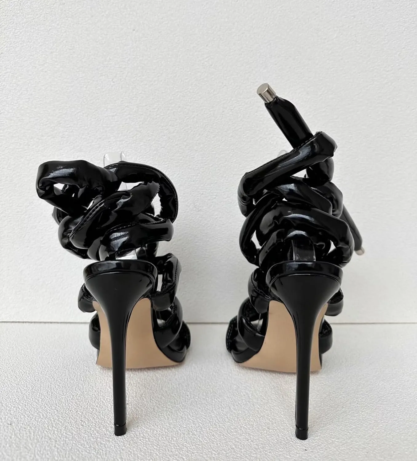 Frankie Hsu Ladies Girl Stiletto High Heeled Gladiator Sandals, Cotton Cushion Rope Lace Up Cross Strappy Ankle Designer Hot Style, Big Large Size US4-14 Unisex Shoes For Women Men