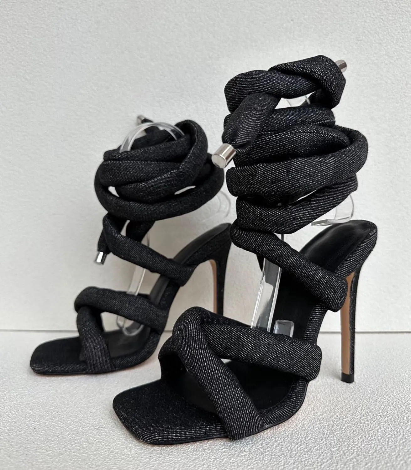 Frankie Hsu Ladies Girl Stiletto High Heeled Gladiator Sandals, Cotton Cushion Rope Lace Up Cross Strappy Ankle Designer Hot Style, Big Large Size US4-14 Unisex Shoes For Women Men