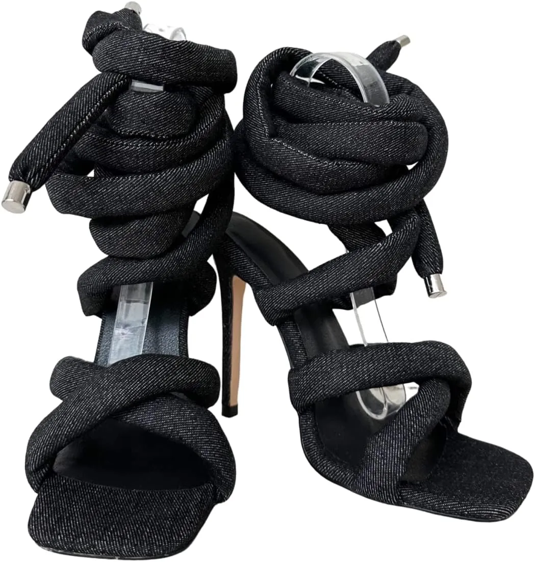 Frankie Hsu Ladies Girl Stiletto High Heeled Gladiator Sandals, Cotton Cushion Rope Lace Up Cross Strappy Ankle Designer Hot Style, Big Large Size US4-14 Unisex Shoes For Women Men