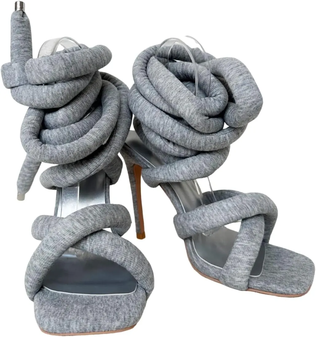 Frankie Hsu Ladies Girl Stiletto High Heeled Gladiator Sandals, Cotton Cushion Rope Lace Up Cross Strappy Ankle Designer Hot Style, Big Large Size US4-14 Unisex Shoes For Women Men
