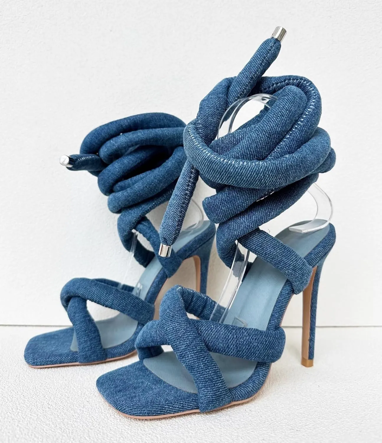 Frankie Hsu Ladies Girl Stiletto High Heeled Gladiator Sandals, Cotton Cushion Rope Lace Up Cross Strappy Ankle Designer Hot Style, Big Large Size US4-14 Unisex Shoes For Women Men