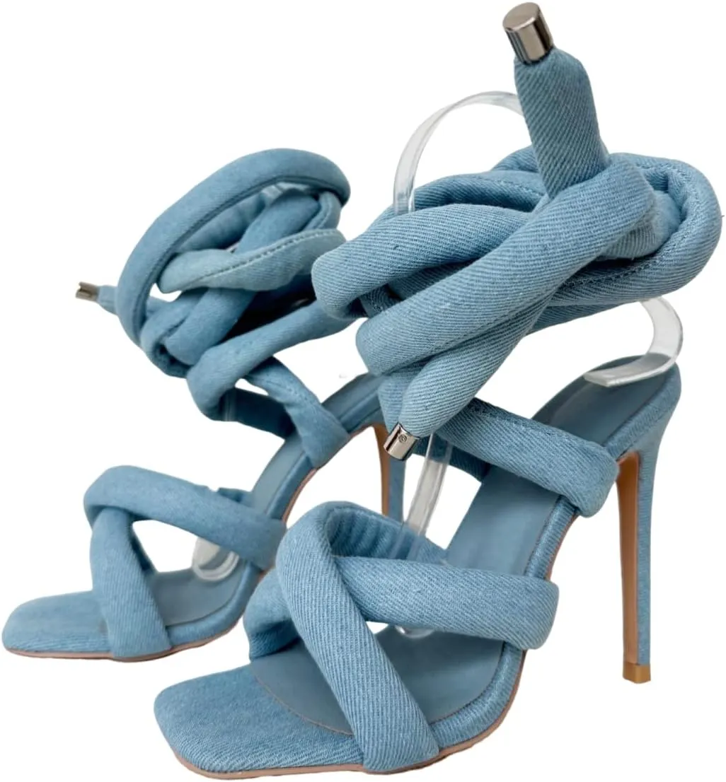 Frankie Hsu Ladies Girl Stiletto High Heeled Gladiator Sandals, Cotton Cushion Rope Lace Up Cross Strappy Ankle Designer Hot Style, Big Large Size US4-14 Unisex Shoes For Women Men