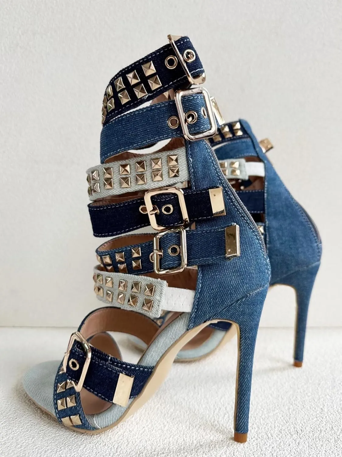 Frankie Hsu Ladies Girl Stiletto High Heeled Pumps Sandals Bootie, Light Dark Deep Blue Denim Gold Buckle Ankle Strappy Designer Style, Big Large Size US4-19 Unisex Shoes For Women Men