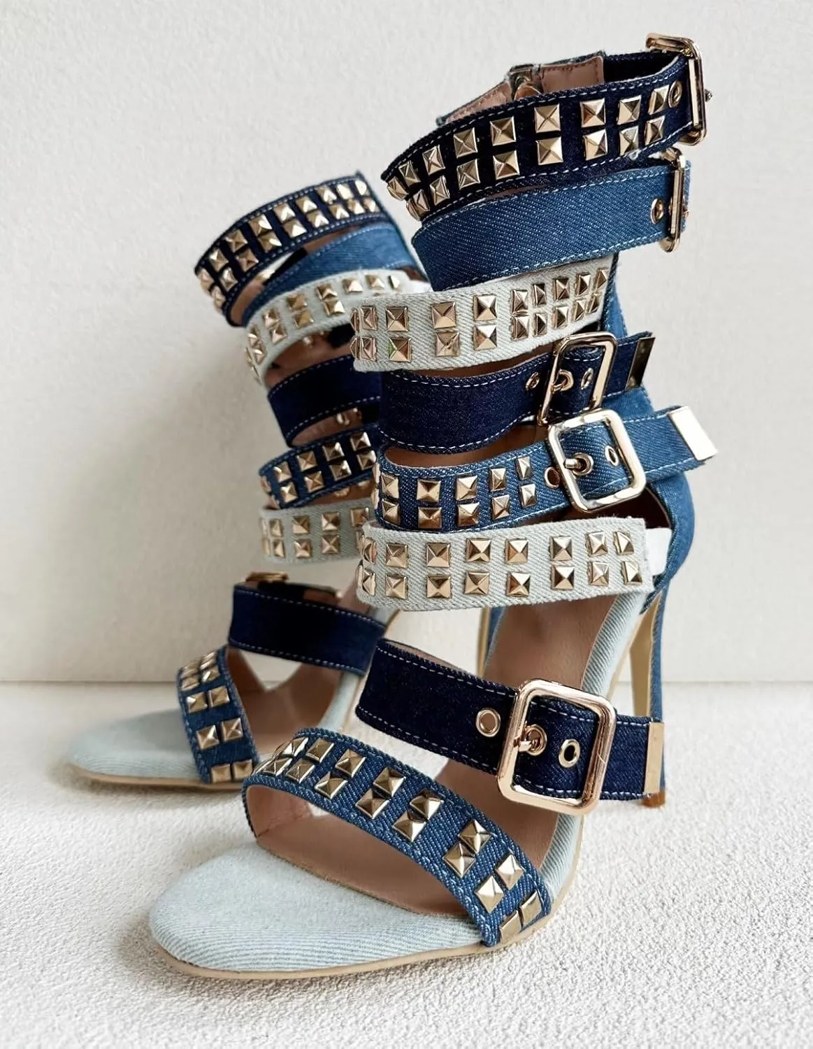 Frankie Hsu Ladies Girl Stiletto High Heeled Pumps Sandals Bootie, Light Dark Deep Blue Denim Gold Buckle Ankle Strappy Designer Style, Big Large Size US4-19 Unisex Shoes For Women Men