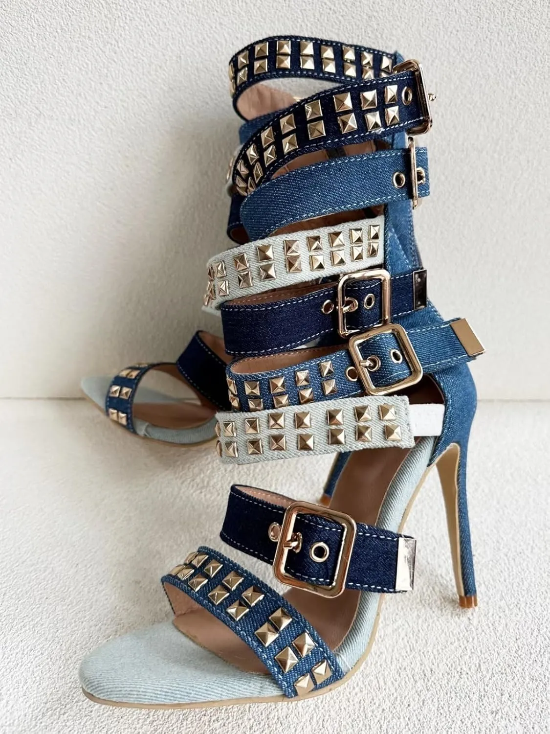 Frankie Hsu Ladies Girl Stiletto High Heeled Pumps Sandals Bootie, Light Dark Deep Blue Denim Gold Buckle Ankle Strappy Designer Style, Big Large Size US4-19 Unisex Shoes For Women Men