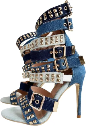 Frankie Hsu Ladies Girl Stiletto High Heeled Pumps Sandals Bootie, Light Dark Deep Blue Denim Gold Buckle Ankle Strappy Designer Style, Big Large Size US4-19 Unisex Shoes For Women Men