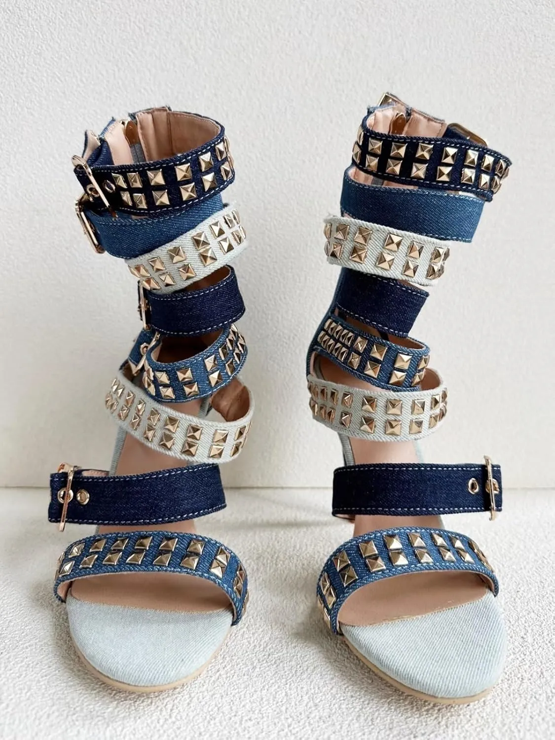 Frankie Hsu Ladies Girl Stiletto High Heeled Pumps Sandals Bootie, Light Dark Deep Blue Denim Gold Buckle Ankle Strappy Designer Style, Big Large Size US4-19 Unisex Shoes For Women Men