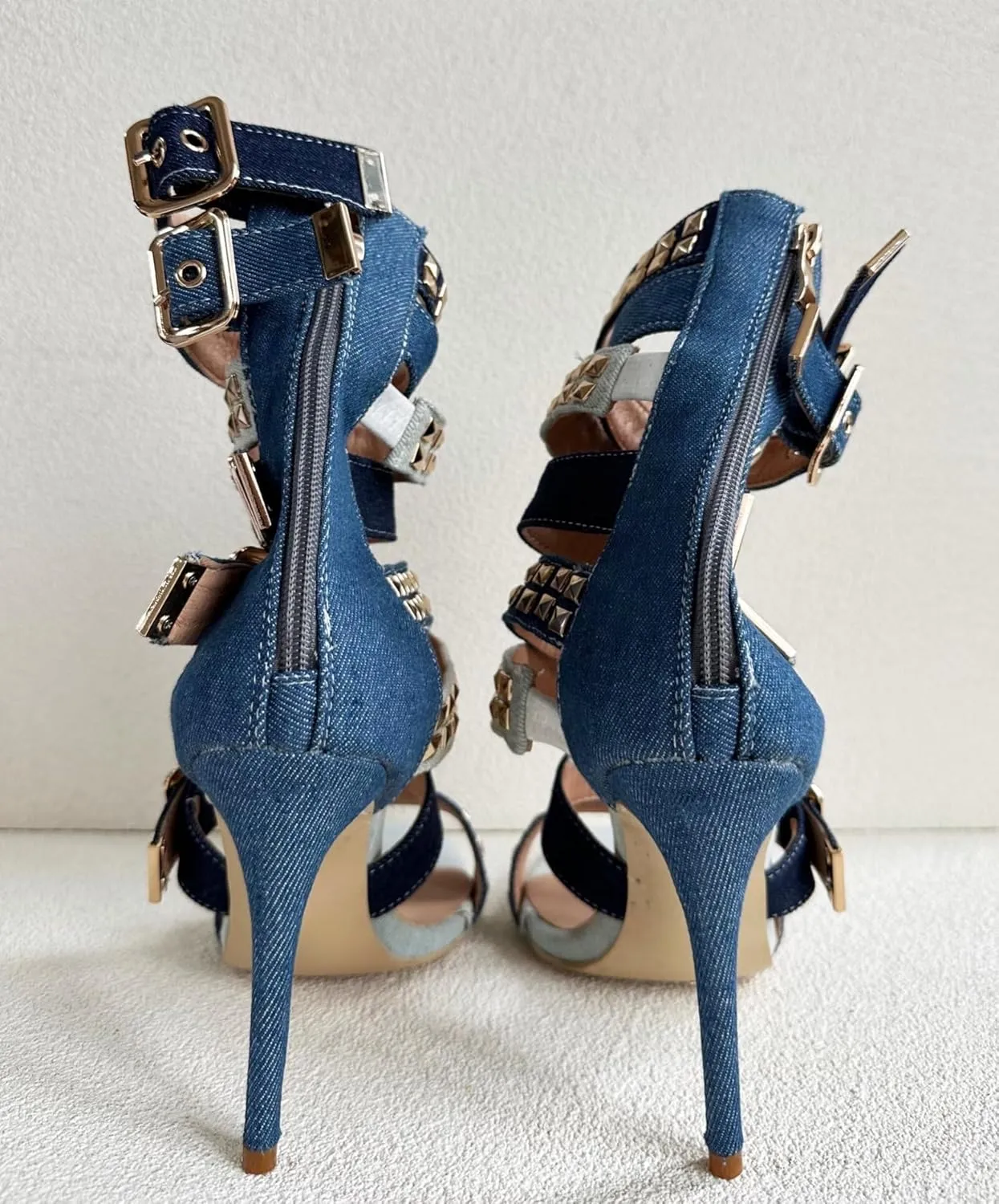 Frankie Hsu Ladies Girl Stiletto High Heeled Pumps Sandals Bootie, Light Dark Deep Blue Denim Gold Buckle Ankle Strappy Designer Style, Big Large Size US4-19 Unisex Shoes For Women Men