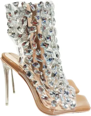 Frankie Hsu Ladies Girl Stiletto High Heeled Pumps Sandals, Nude Silver Patent Metallic Clear Gem PVC Ankle Designer Bootie Style, Big Large Size US4-14 Unisex Shoes For Women Men
