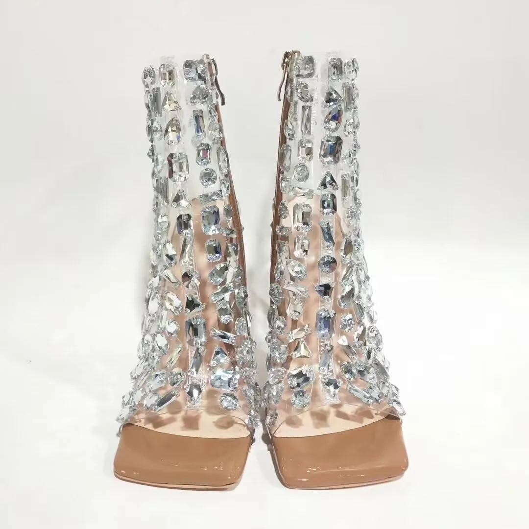 Frankie Hsu Ladies Girl Stiletto High Heeled Pumps Sandals, Nude Silver Patent Metallic Clear Gem PVC Ankle Designer Bootie Style, Big Large Size US4-14 Unisex Shoes For Women Men