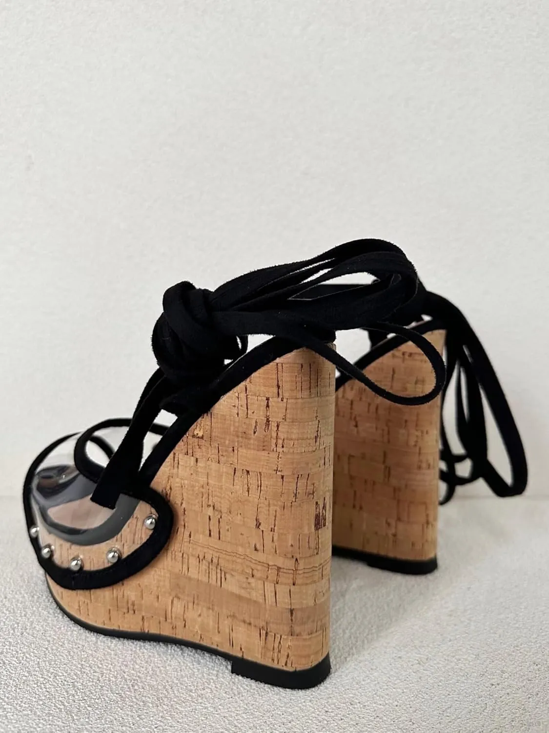 Frankie Hsu Ladies Sexy Platform Wedge Sandals, Black Suede Transparent PVC Silver Rivets High Heeled Oak, Large Big Size US5-19 Unisex Shoes For Women Men