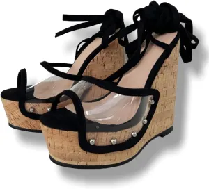 Frankie Hsu Ladies Sexy Platform Wedge Sandals, Black Suede Transparent PVC Silver Rivets High Heeled Oak, Large Big Size US5-19 Unisex Shoes For Women Men