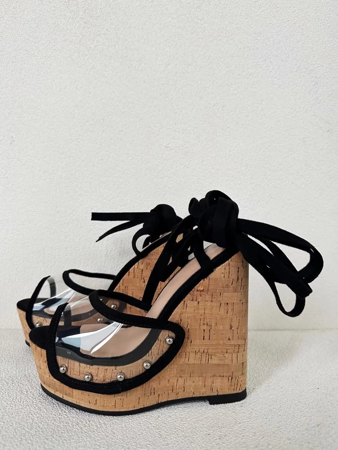 Frankie Hsu Ladies Sexy Platform Wedge Sandals, Black Suede Transparent PVC Silver Rivets High Heeled Oak, Large Big Size US5-19 Unisex Shoes For Women Men