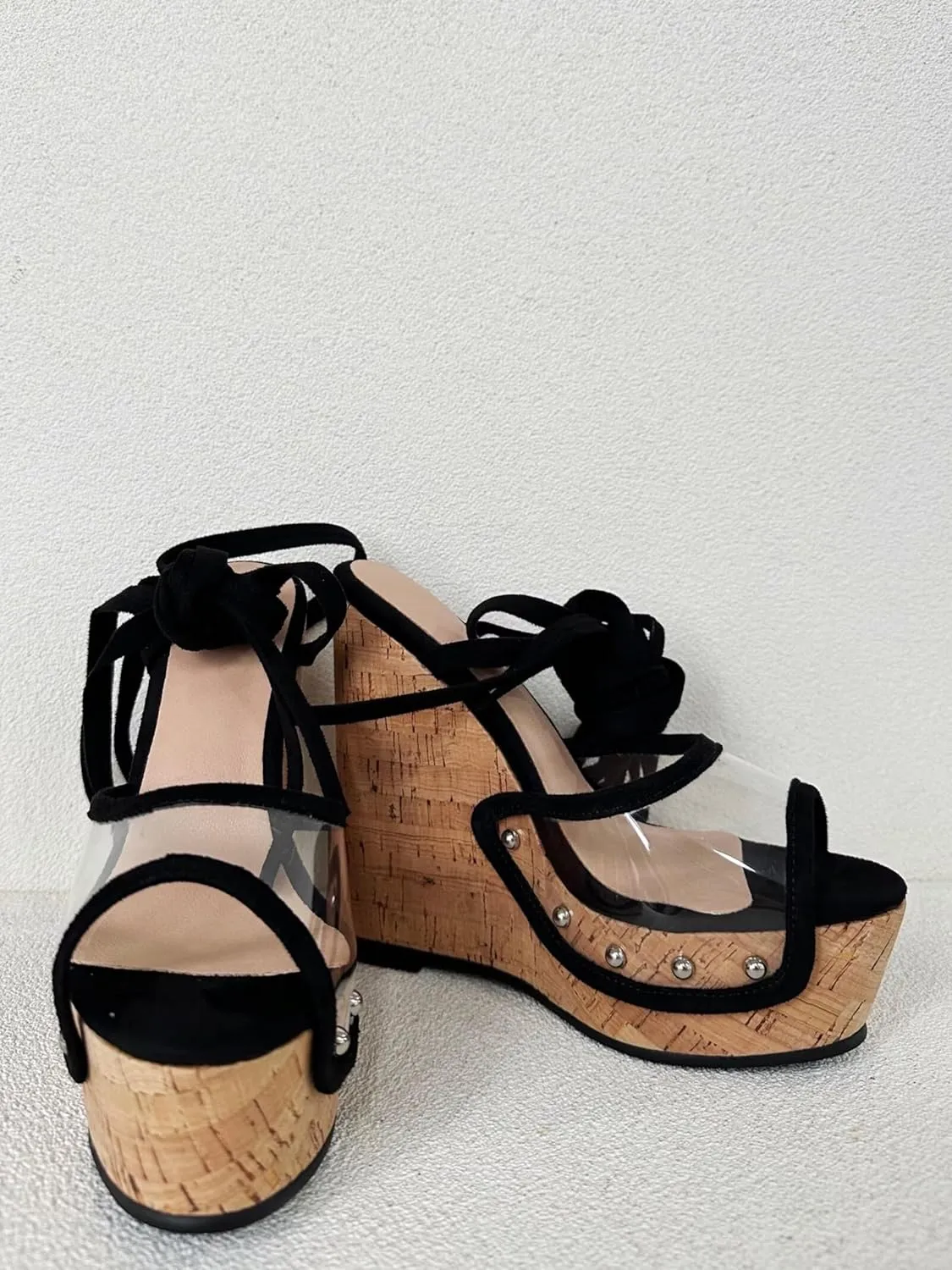 Frankie Hsu Ladies Sexy Platform Wedge Sandals, Black Suede Transparent PVC Silver Rivets High Heeled Oak, Large Big Size US5-19 Unisex Shoes For Women Men