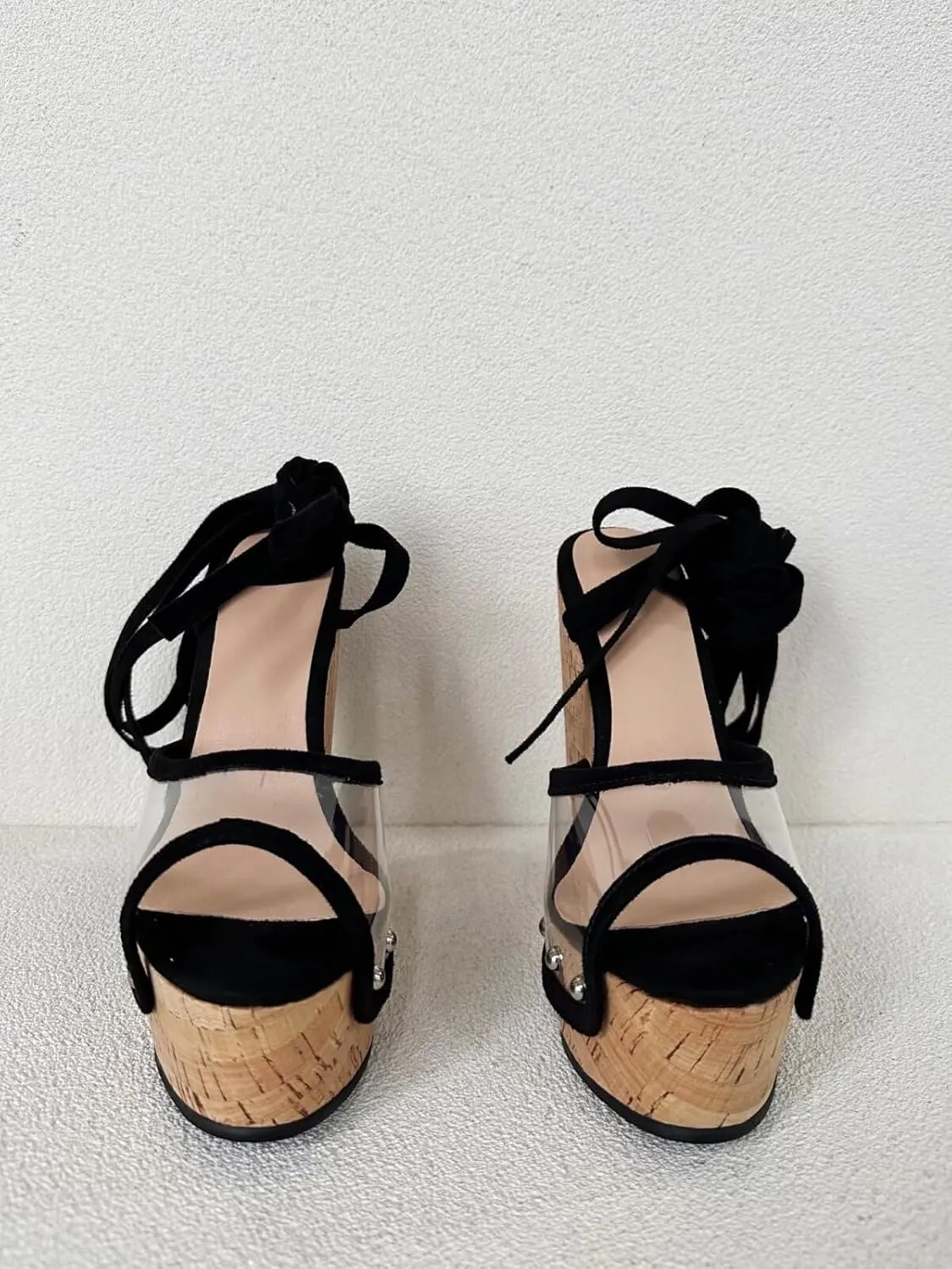 Frankie Hsu Ladies Sexy Platform Wedge Sandals, Black Suede Transparent PVC Silver Rivets High Heeled Oak, Large Big Size US5-19 Unisex Shoes For Women Men