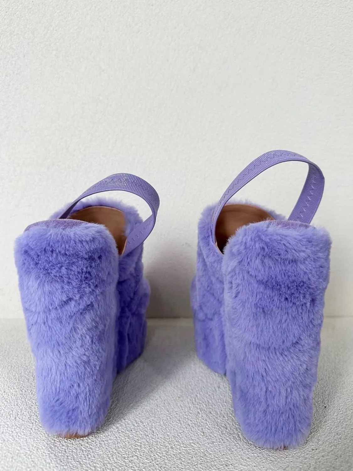 Frankie Hsu Ladies Sexy Platform Wedge Sandals, Cute Lovely Purple Plush Furry High Heeled Slingback, Large Big Size US5-19 Unisex Shoes For Women Men