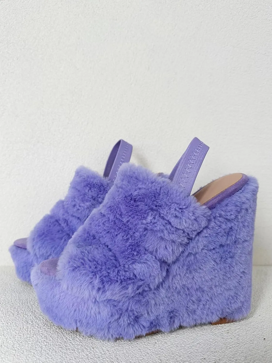 Frankie Hsu Ladies Sexy Platform Wedge Sandals, Cute Lovely Purple Plush Furry High Heeled Slingback, Large Big Size US5-19 Unisex Shoes For Women Men