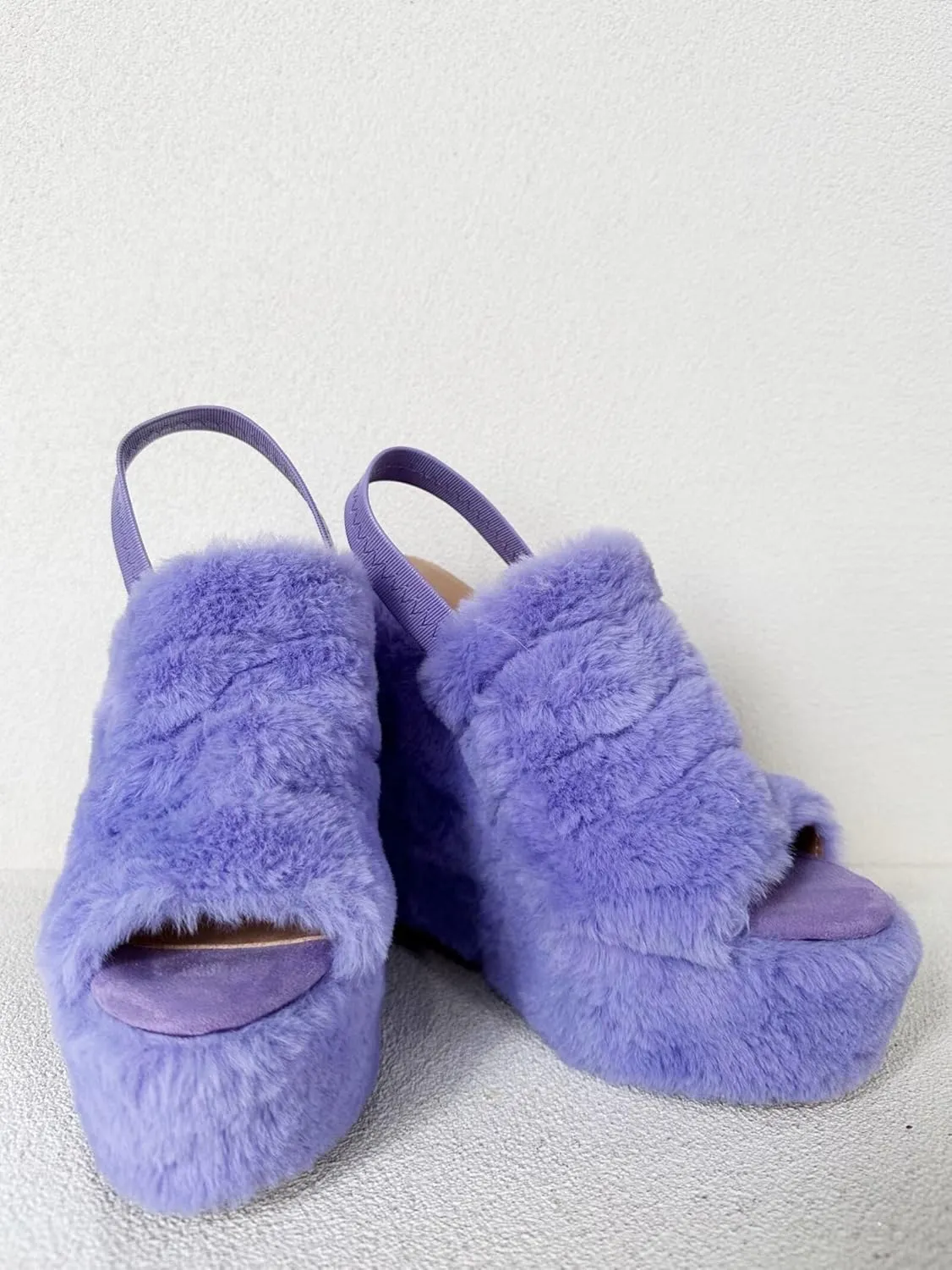 Frankie Hsu Ladies Sexy Platform Wedge Sandals, Cute Lovely Purple Plush Furry High Heeled Slingback, Large Big Size US5-19 Unisex Shoes For Women Men