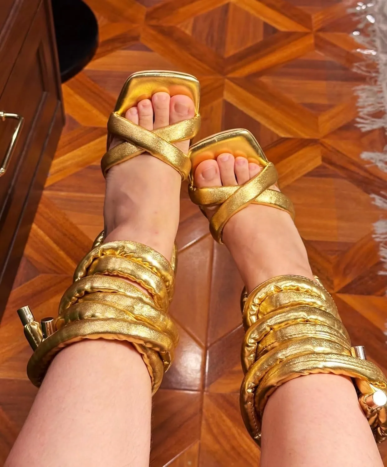 Frankie Hsu Luxury Women's Ankle Leg Lace Up Gold Rope Strappy Stilettos Square Toe High Heeled Gladiator Sandals