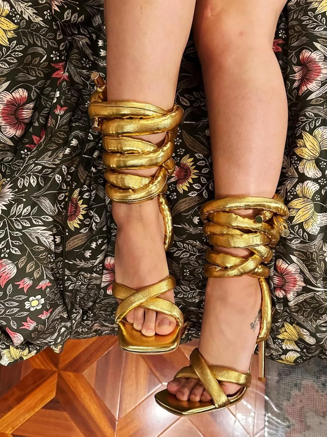 Frankie Hsu Luxury Women's Ankle Leg Lace Up Gold Rope Strappy Stilettos Square Toe High Heeled Gladiator Sandals