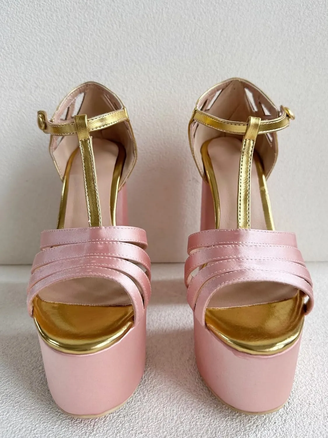 Frankie Hsu Sexy Chunky Block Platform High Heeled Pumps, Pink Satin Gold Lolita Style Sandals, Big Large Size Designer Shoes for Women Men
