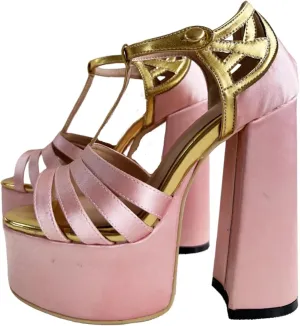 Frankie Hsu Sexy Chunky Block Platform High Heeled Pumps, Pink Satin Gold Lolita Style Sandals, Big Large Size Designer Shoes for Women Men