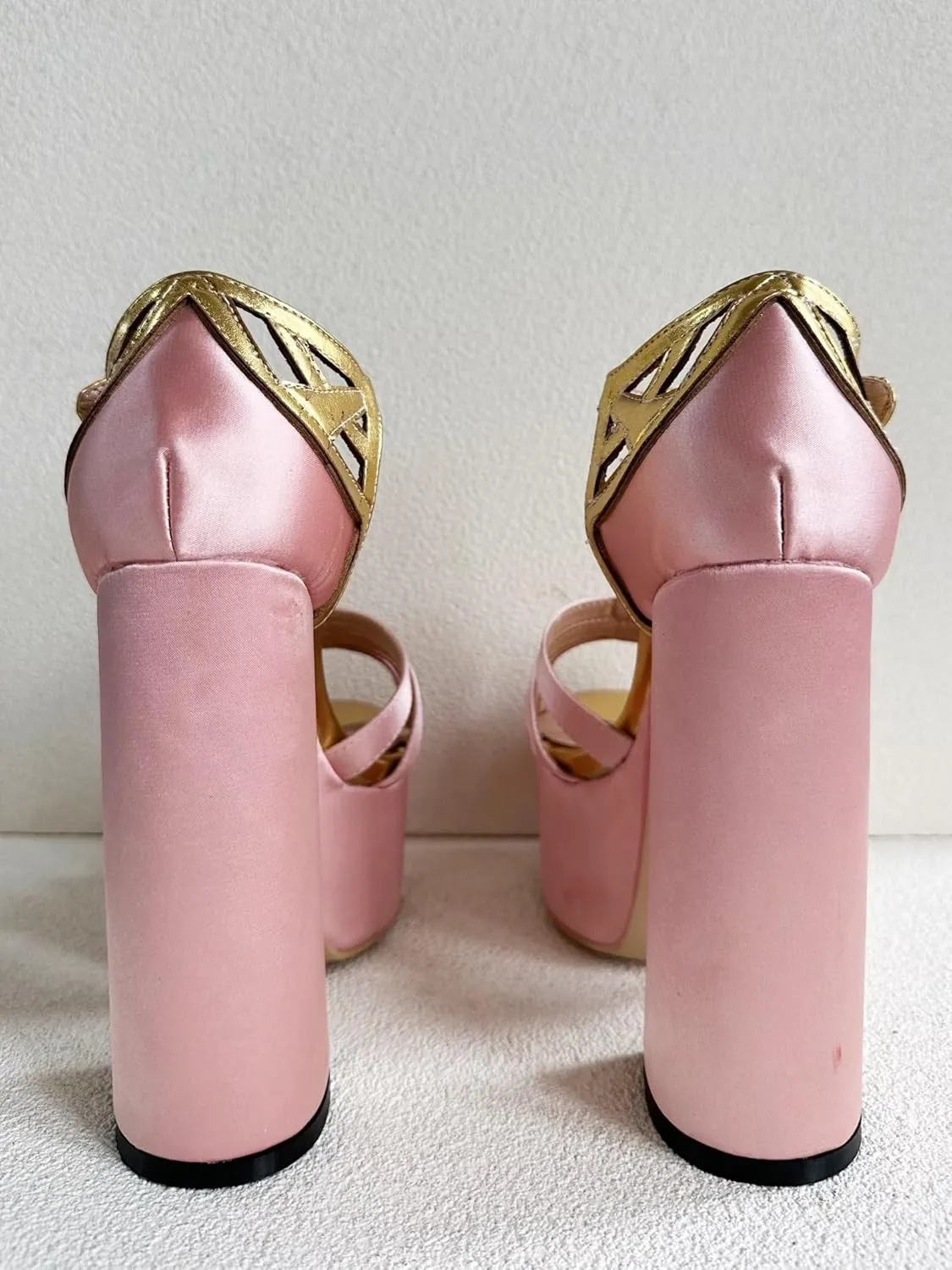 Frankie Hsu Sexy Chunky Block Platform High Heeled Pumps, Pink Satin Gold Lolita Style Sandals, Big Large Size Designer Shoes for Women Men