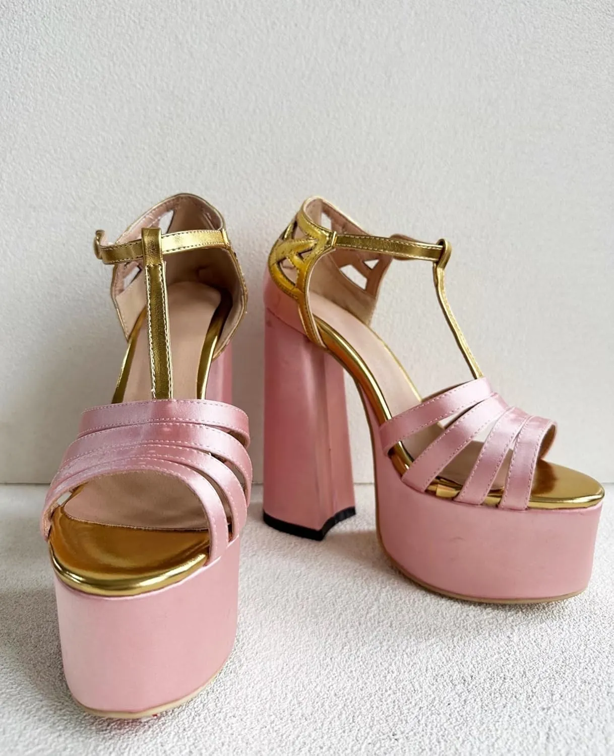 Frankie Hsu Sexy Chunky Block Platform High Heeled Pumps, Pink Satin Gold Lolita Style Sandals, Big Large Size Designer Shoes for Women Men