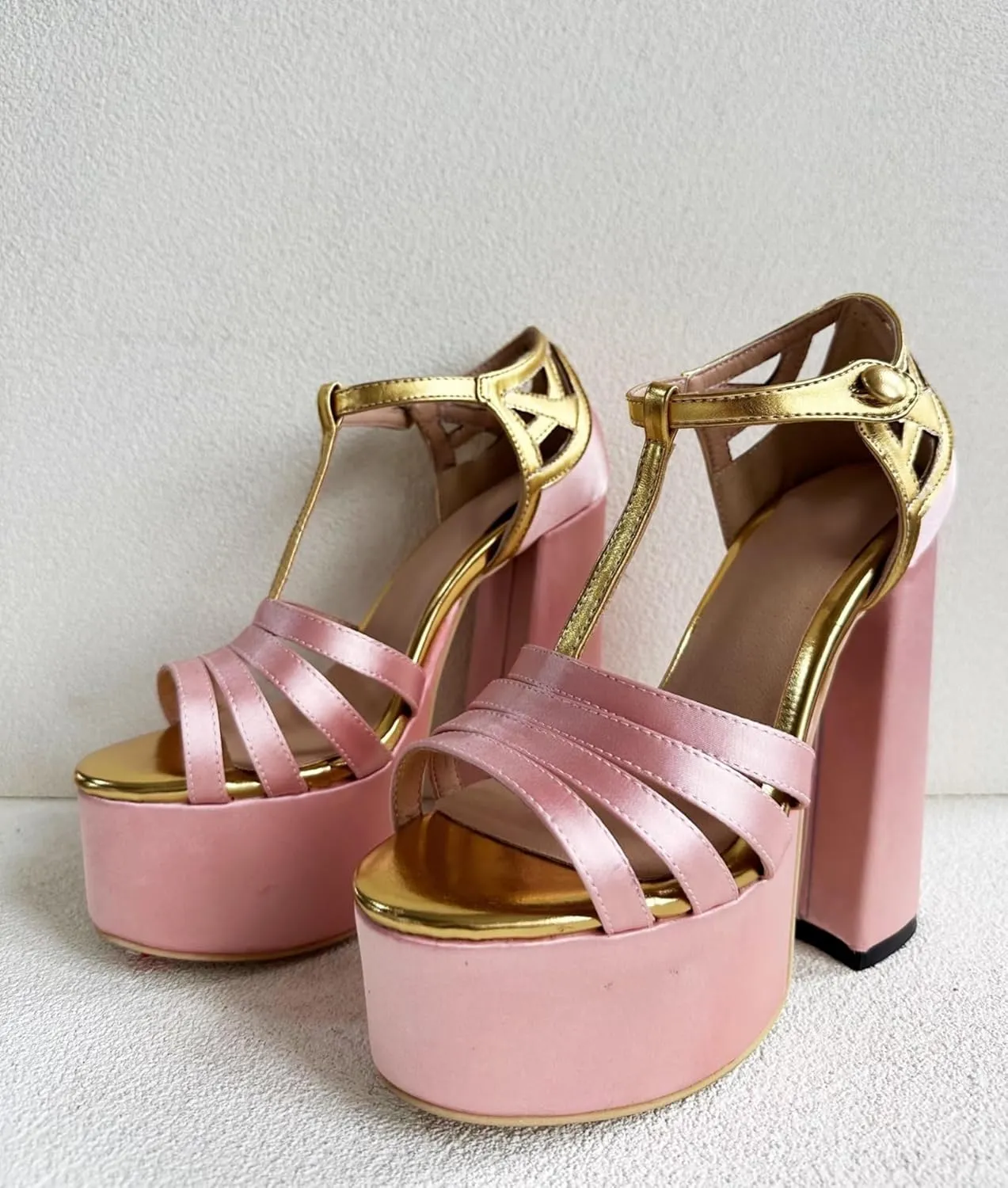 Frankie Hsu Sexy Chunky Block Platform High Heeled Pumps, Pink Satin Gold Lolita Style Sandals, Big Large Size Designer Shoes for Women Men