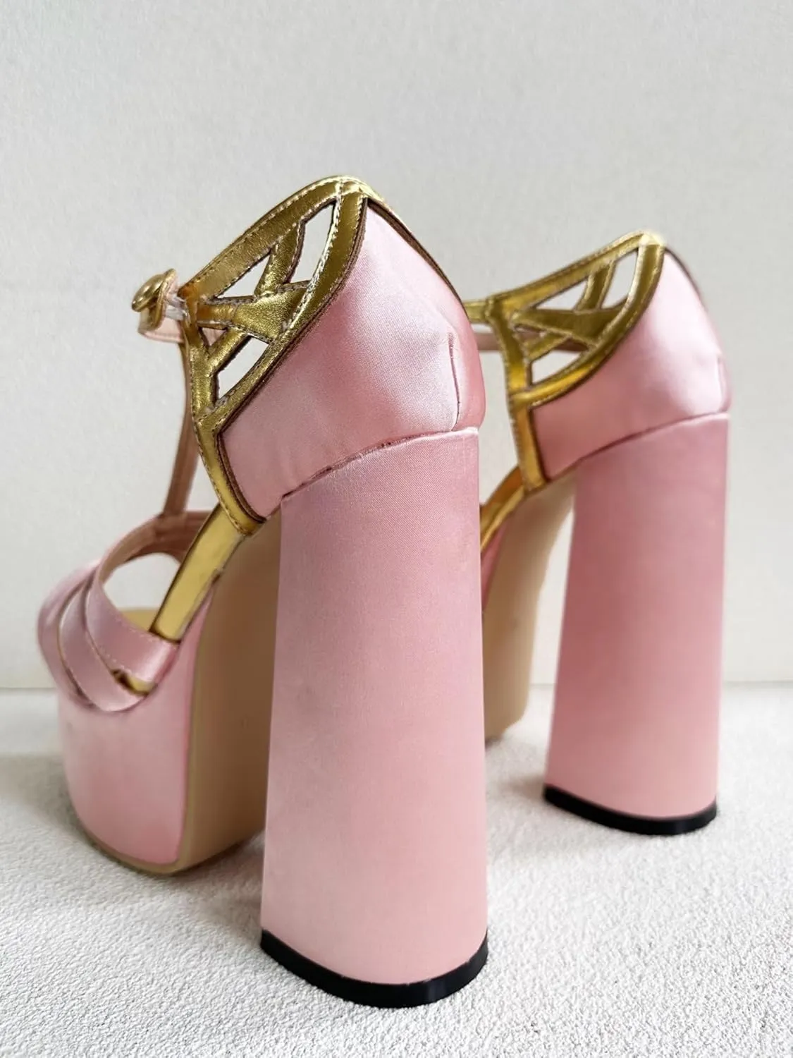 Frankie Hsu Sexy Chunky Block Platform High Heeled Pumps, Pink Satin Gold Lolita Style Sandals, Big Large Size Designer Shoes for Women Men