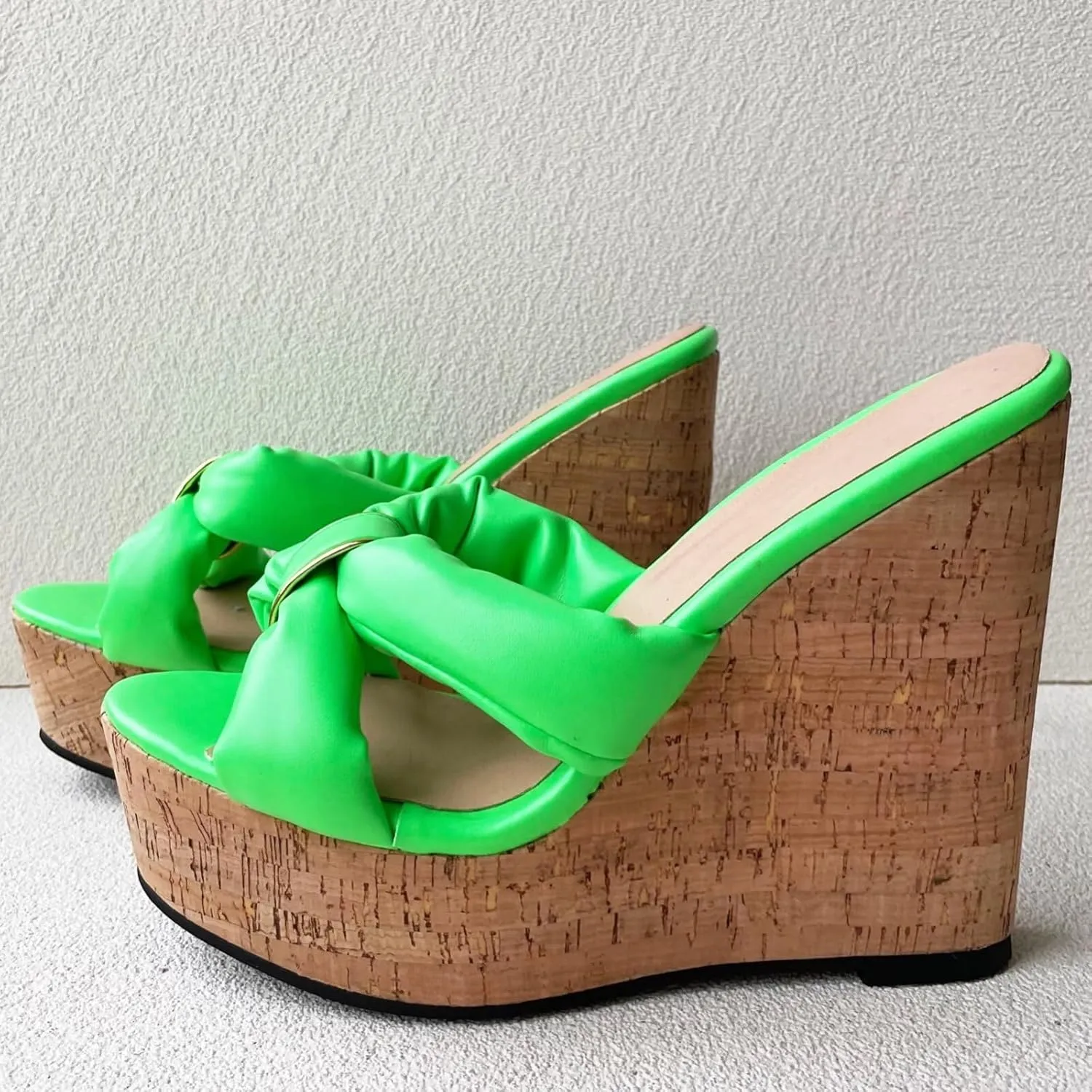 Frankie Hsu Sexy Lovely Casual Platform Wedge Sandal, Cute Neon Green Bow Gold Ring Cushion High heeled Oak Wood Thick Style, Designer Large Big Size Shoes For Women Men