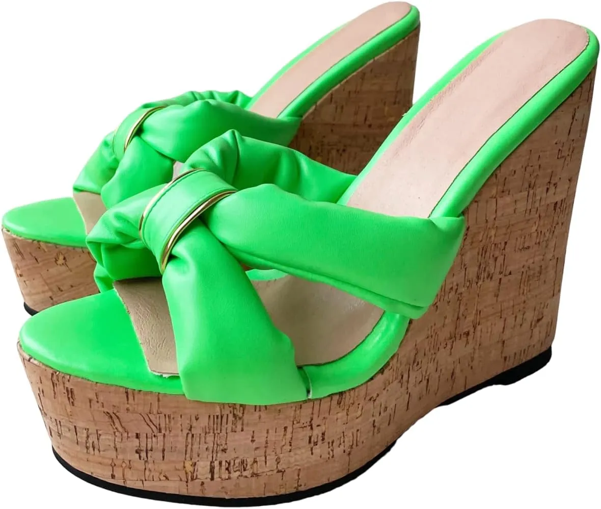 Frankie Hsu Sexy Lovely Casual Platform Wedge Sandal, Cute Neon Green Bow Gold Ring Cushion High heeled Oak Wood Thick Style, Designer Large Big Size Shoes For Women Men