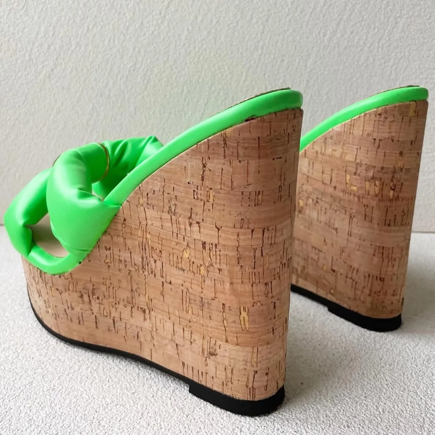 Frankie Hsu Sexy Lovely Casual Platform Wedge Sandal, Cute Neon Green Bow Gold Ring Cushion High heeled Oak Wood Thick Style, Designer Large Big Size Shoes For Women Men