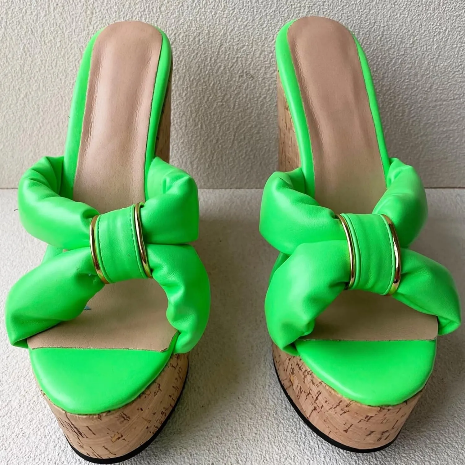 Frankie Hsu Sexy Lovely Casual Platform Wedge Sandal, Cute Neon Green Bow Gold Ring Cushion High heeled Oak Wood Thick Style, Designer Large Big Size Shoes For Women Men