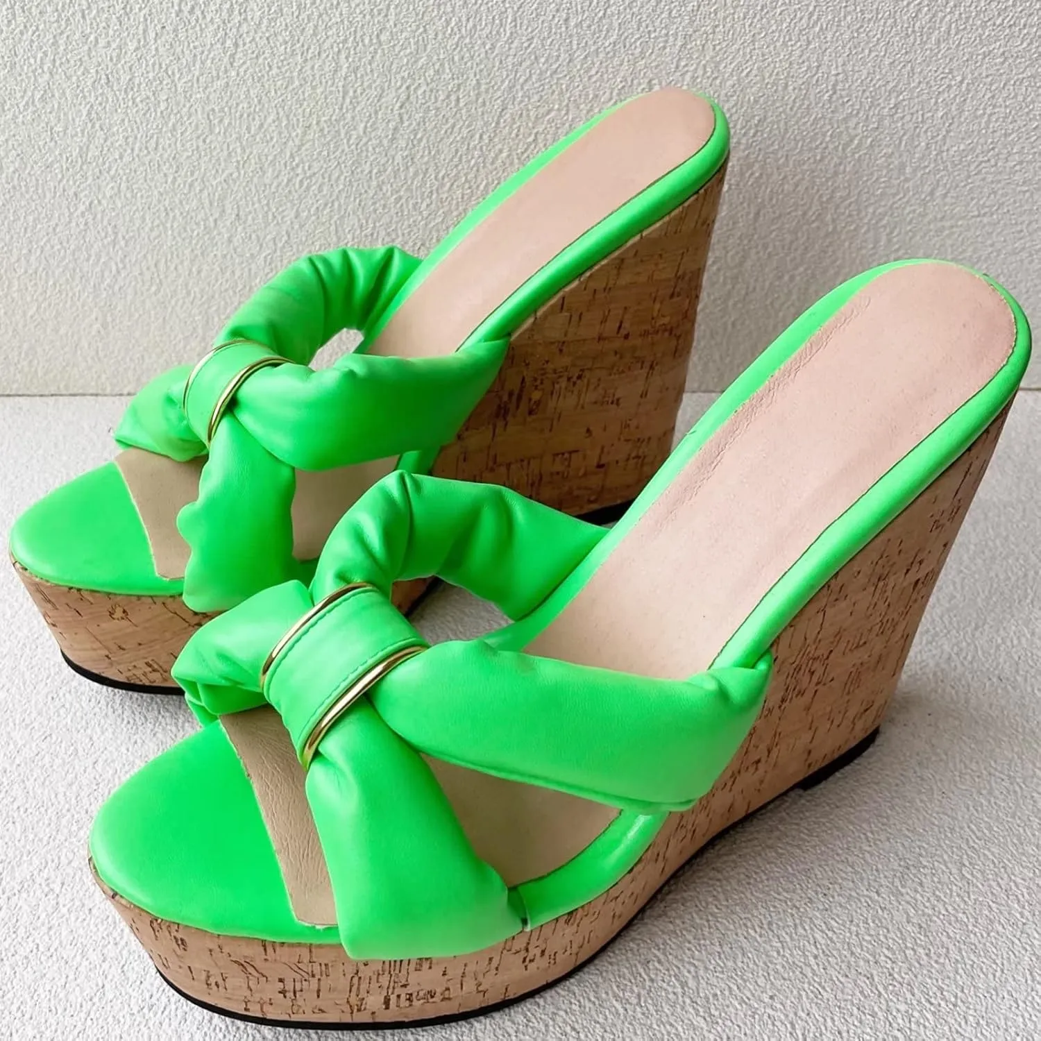 Frankie Hsu Sexy Lovely Casual Platform Wedge Sandal, Cute Neon Green Bow Gold Ring Cushion High heeled Oak Wood Thick Style, Designer Large Big Size Shoes For Women Men
