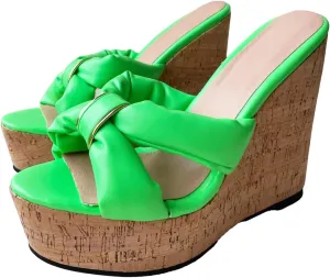 Frankie Hsu Sexy Lovely Casual Platform Wedge Sandal, Cute Neon Green Bow Gold Ring Cushion High heeled Oak Wood Thick Style, Designer Large Big Size Shoes For Women Men