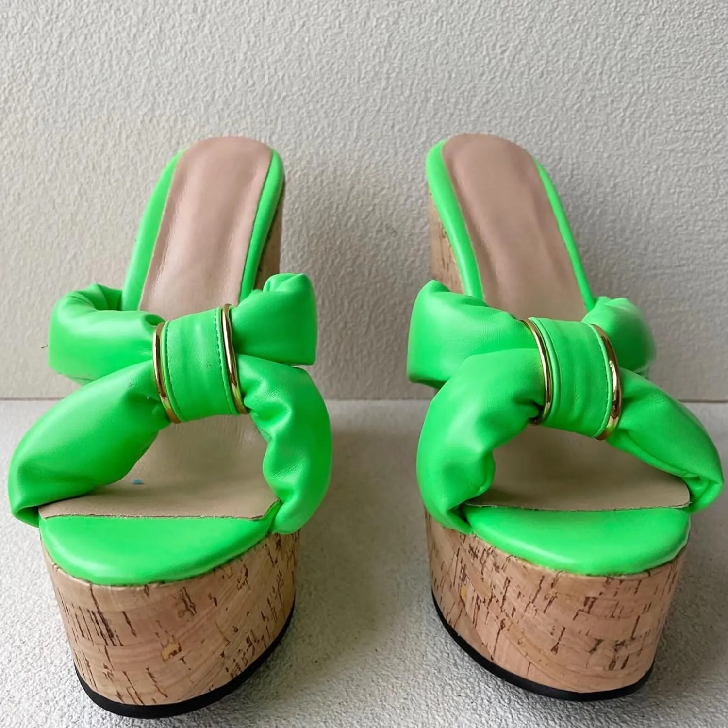 Frankie Hsu Sexy Lovely Casual Platform Wedge Sandal, Cute Neon Green Bow Gold Ring Cushion High heeled Oak Wood Thick Style, Designer Large Big Size Shoes For Women Men