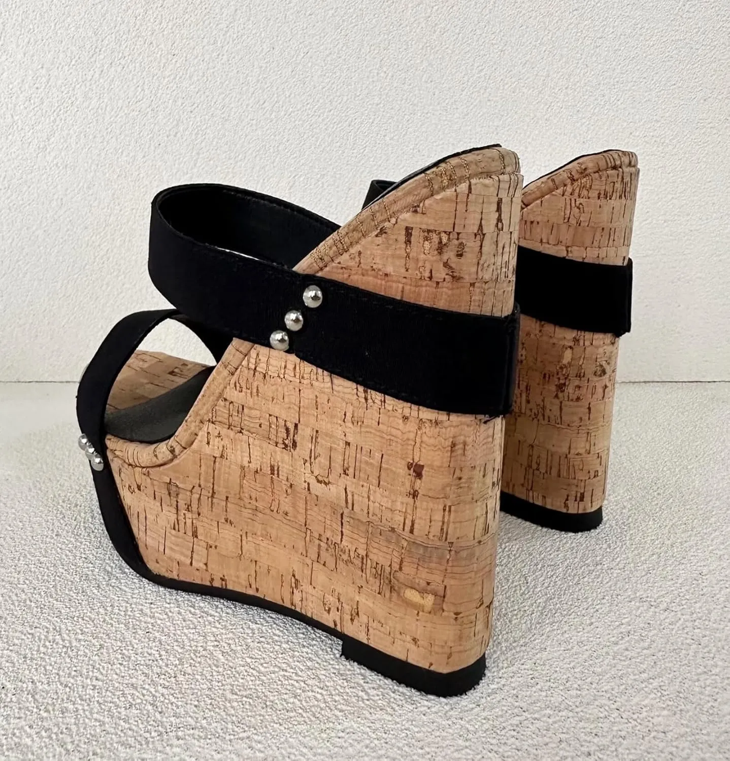 Frankie Hsu Sexy Platform Wedge Sandal, Stylish Black Suede Wood Oak High Heeled Thick Style, Fashion Large Big Size US4-19 Silver Rivet Bead Unisex Shoes For Women Men