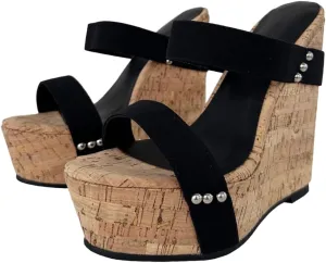Frankie Hsu Sexy Platform Wedge Sandal, Stylish Black Suede Wood Oak High Heeled Thick Style, Fashion Large Big Size US4-19 Silver Rivet Bead Unisex Shoes For Women Men