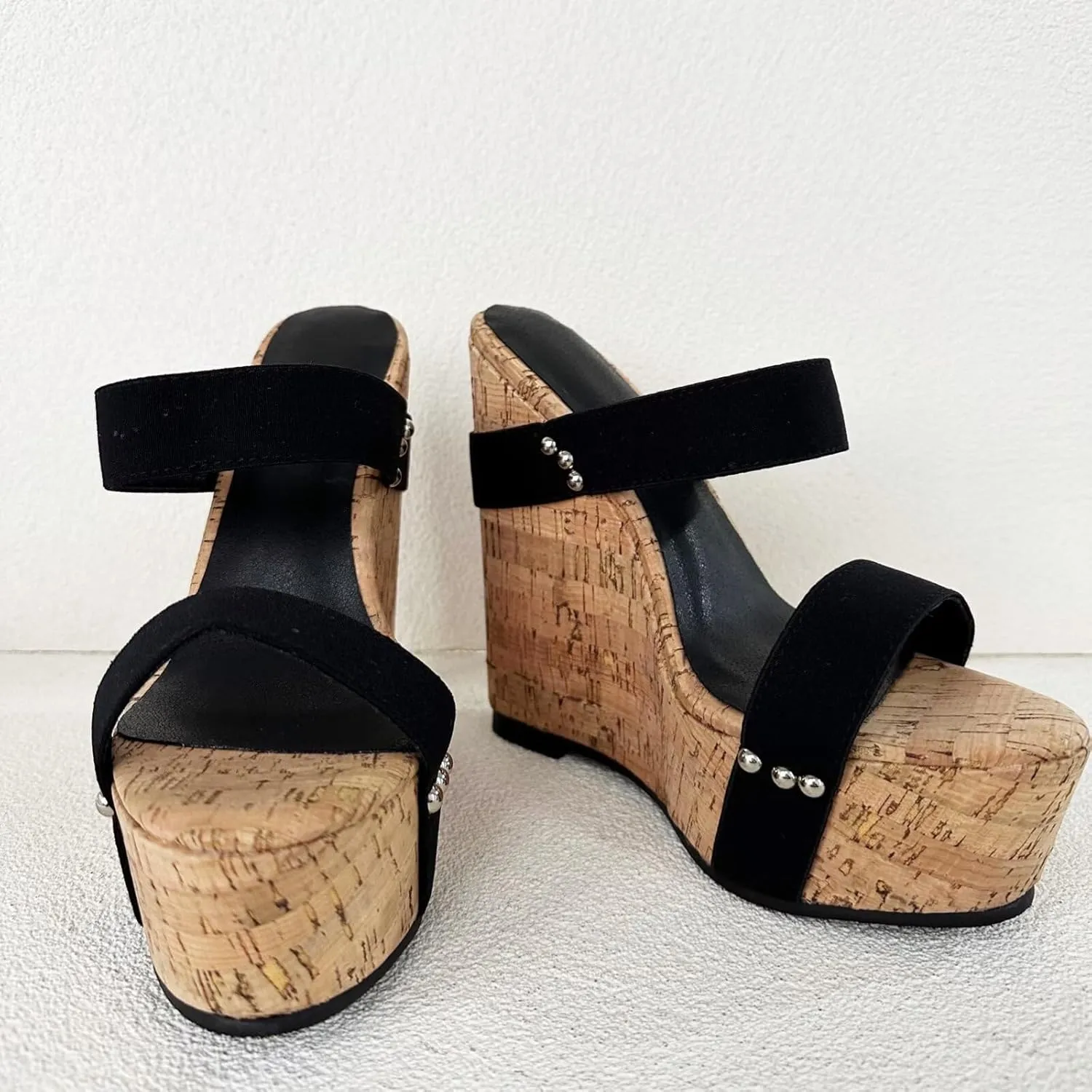 Frankie Hsu Sexy Platform Wedge Sandal, Stylish Black Suede Wood Oak High Heeled Thick Style, Fashion Large Big Size US4-19 Silver Rivet Bead Unisex Shoes For Women Men