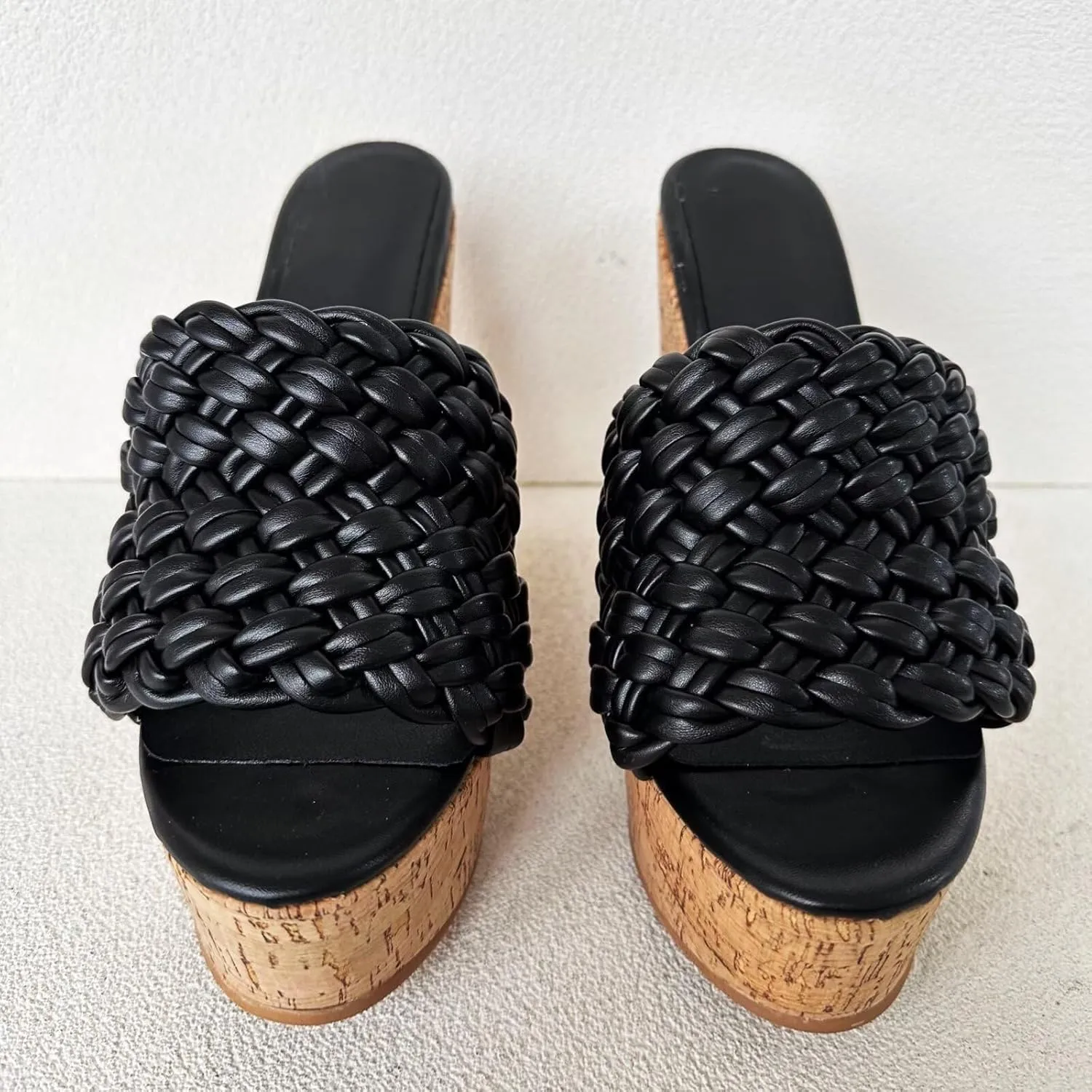 Frankie Hsu Sexy Slip On Platform Wedge Sandal, Stylish Black Knit Knot High heeled Oak Wood Thick Style, Fashion Large Big US4-19 Size Unisex Wide Strap Heeled Shoes For Women Men