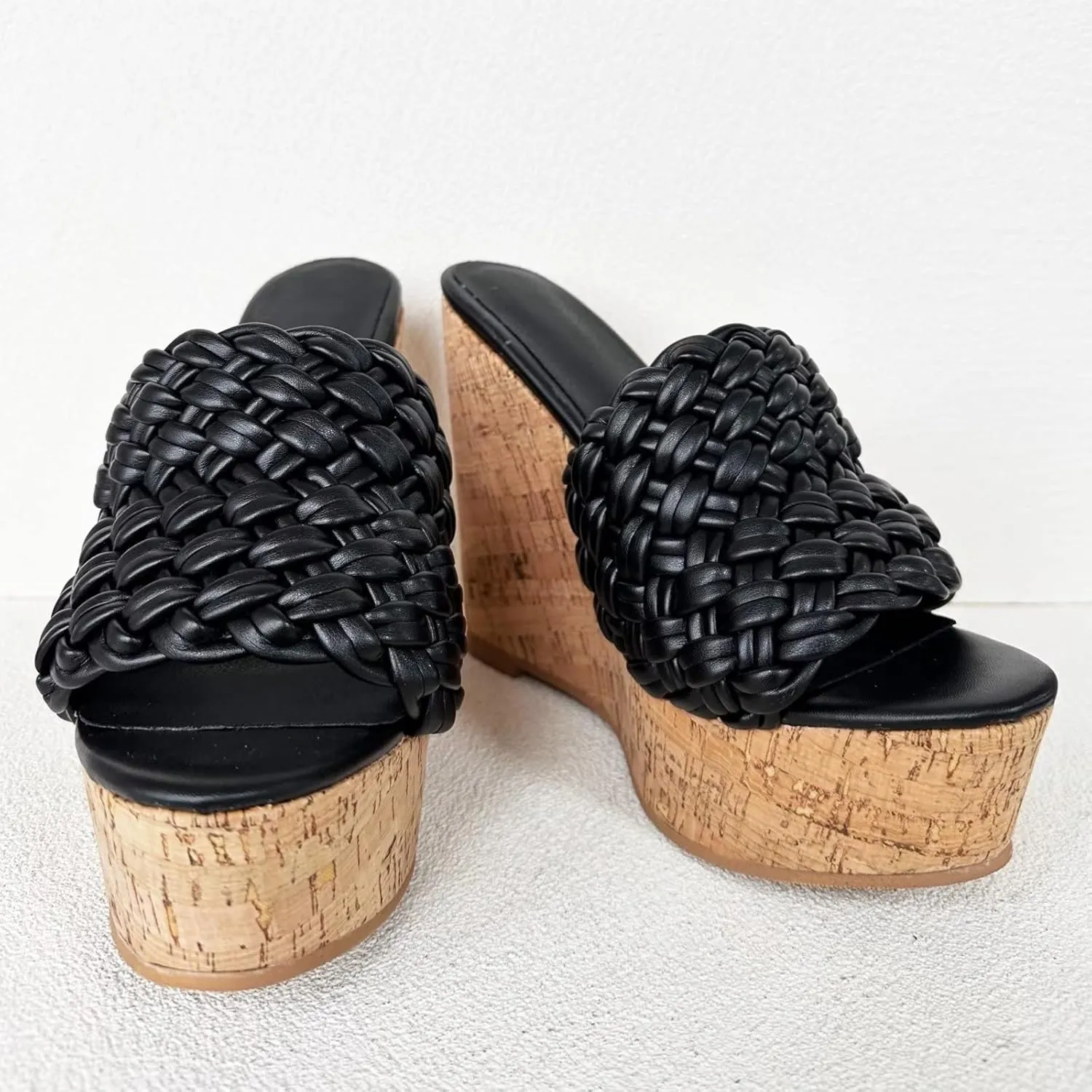 Frankie Hsu Sexy Slip On Platform Wedge Sandal, Stylish Black Knit Knot High heeled Oak Wood Thick Style, Fashion Large Big US4-19 Size Unisex Wide Strap Heeled Shoes For Women Men