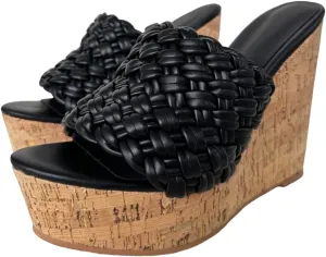 Frankie Hsu Sexy Slip On Platform Wedge Sandal, Stylish Black Knit Knot High heeled Oak Wood Thick Style, Fashion Large Big US4-19 Size Unisex Wide Strap Heeled Shoes For Women Men