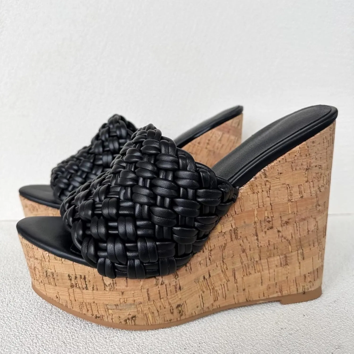 Frankie Hsu Sexy Slip On Platform Wedge Sandal, Stylish Black Knit Knot High heeled Oak Wood Thick Style, Fashion Large Big US4-19 Size Unisex Wide Strap Heeled Shoes For Women Men