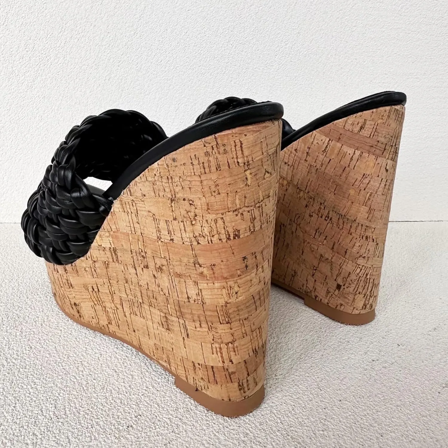 Frankie Hsu Sexy Slip On Platform Wedge Sandal, Stylish Black Knit Knot High heeled Oak Wood Thick Style, Fashion Large Big US4-19 Size Unisex Wide Strap Heeled Shoes For Women Men