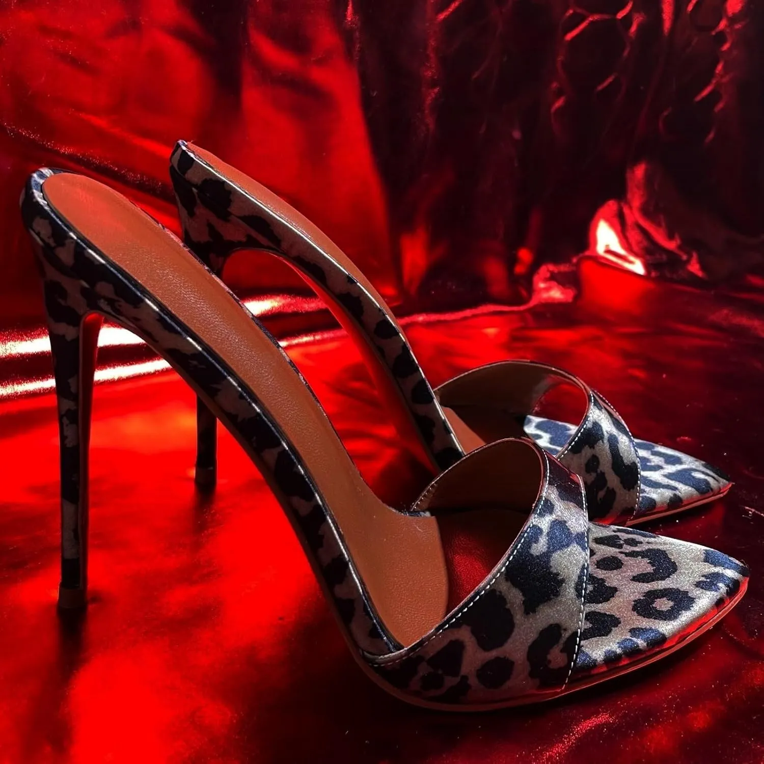 Frankie Hsu Sexy Stiletto Leopard Print High Heeled Sandal, Stylish Fashion High Heels Women Shoes, Designer Pointed Toe Satin Brown Spike Mule Sandal For Women US5-14