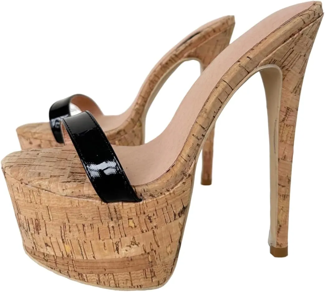 Frankie Hsu Sexy Stiletto Platform Oak High Heeled Sandal, Fashion Black Patent Club Party One Straight Style, Big Large Size US4-19 Designer Slip On Shoes For Women Men