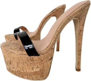 Frankie Hsu Sexy Stiletto Platform Oak High Heeled Sandal, Fashion Black Patent Club Party One Straight Style, Big Large Size US4-19 Designer Slip On Shoes For Women Men
