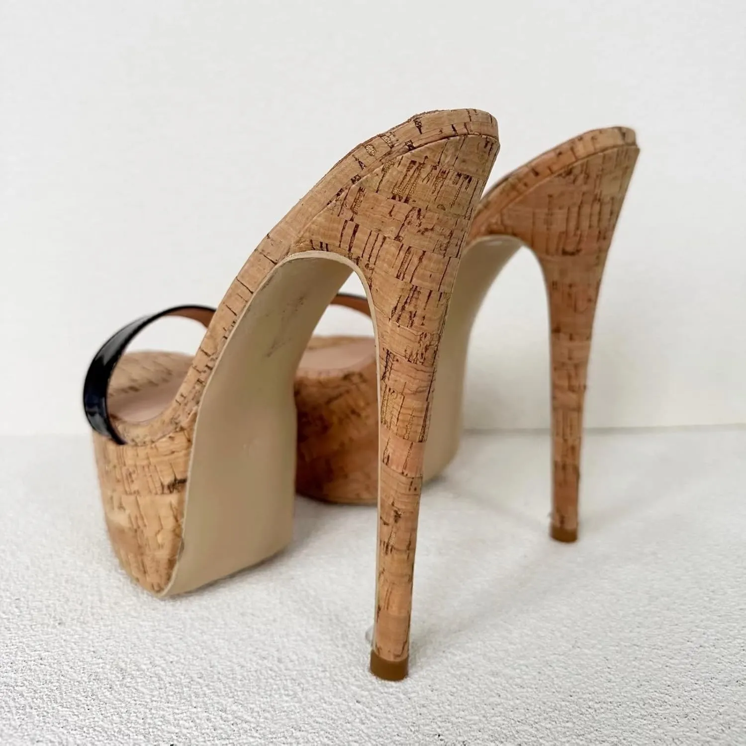 Frankie Hsu Sexy Stiletto Platform Oak High Heeled Sandal, Fashion Black Patent Club Party One Straight Style, Big Large Size US4-19 Designer Slip On Shoes For Women Men