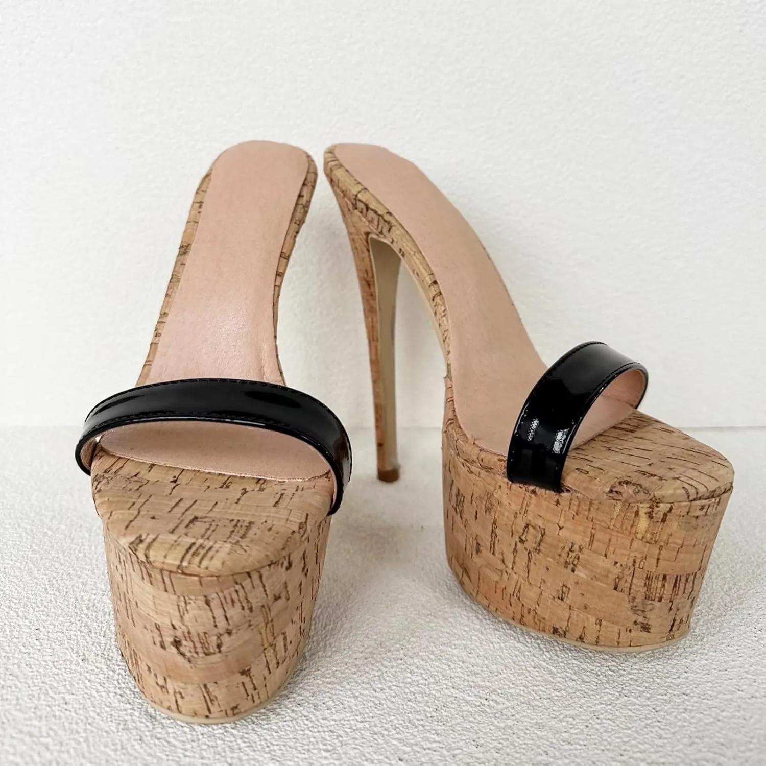Frankie Hsu Sexy Stiletto Platform Oak High Heeled Sandal, Fashion Black Patent Club Party One Straight Style, Big Large Size US4-19 Designer Slip On Shoes For Women Men